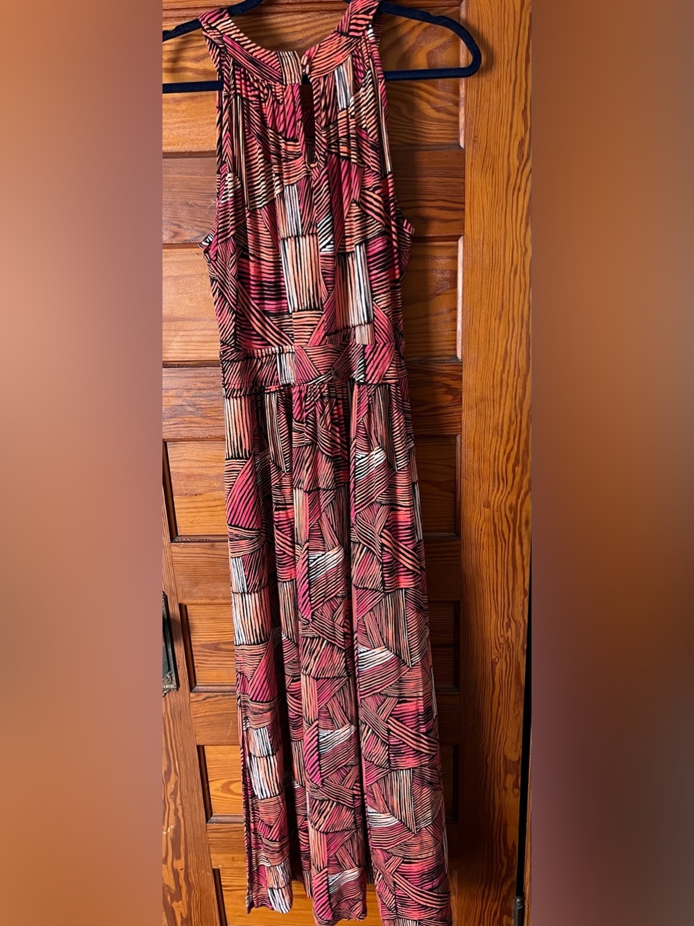 Calvin Klein Sleeveless Geometric Print Maxi Dress in Coral and Black, 16